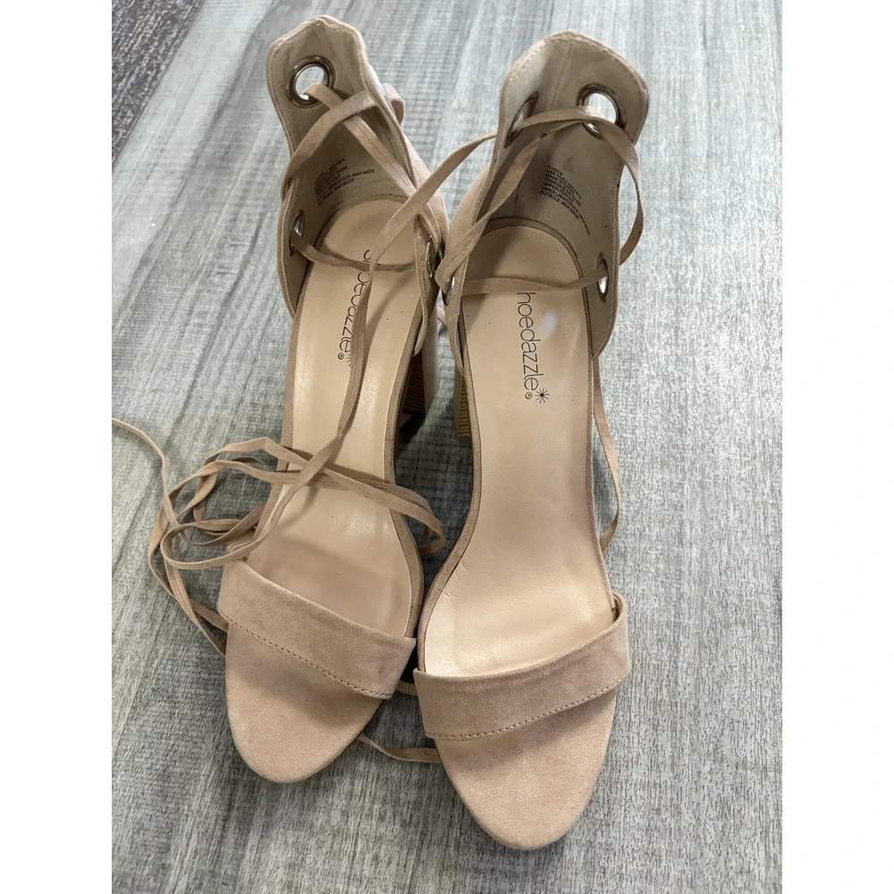 ShoeDazzle Shoes Womens Size 8.5 Nude Beige Kynzie‎ Block Heel Lace Up Sandals